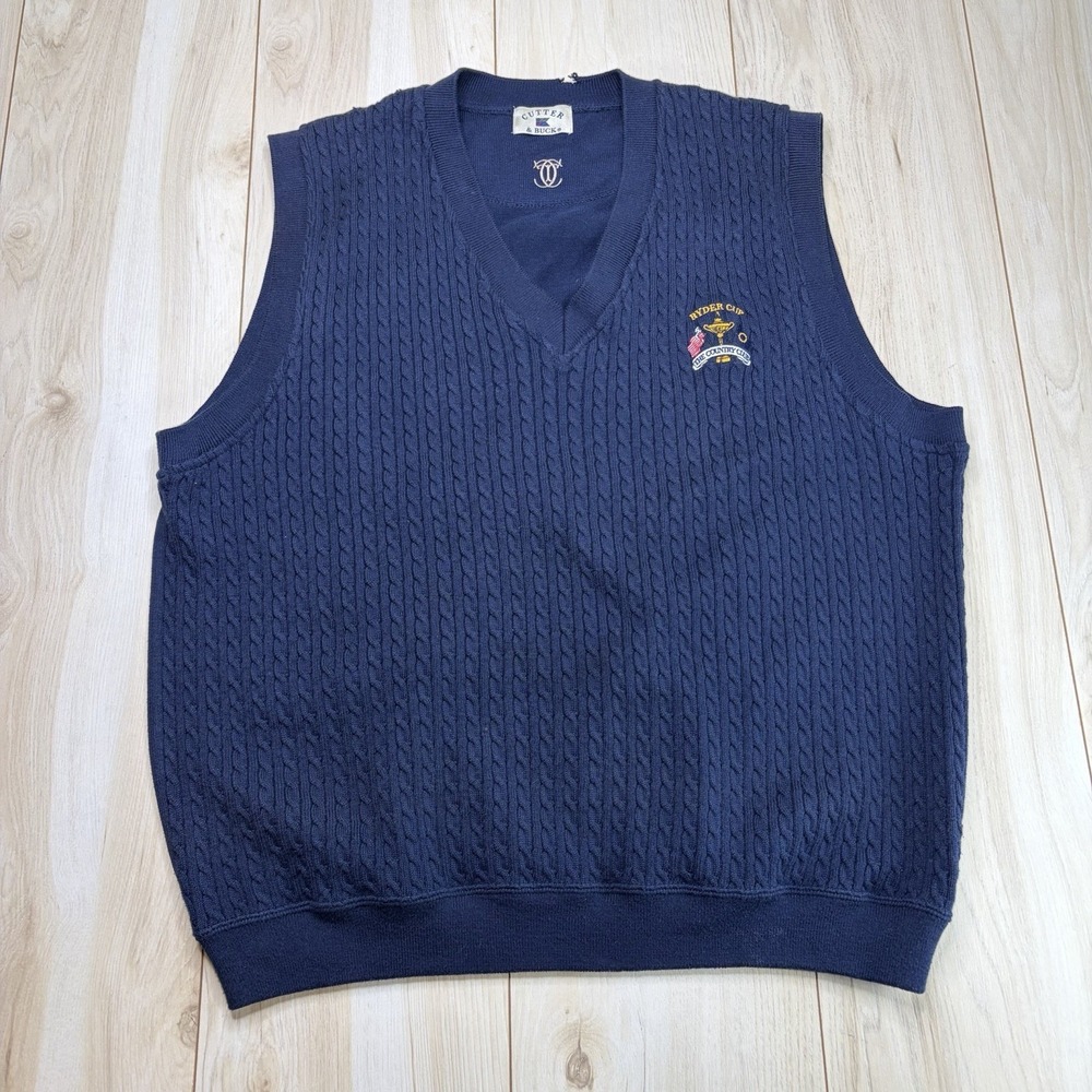 CUTTER & BUCK Mens V-Neck Sweater Vest RYDER CUP THE COUNTRY CLUB Blue XL